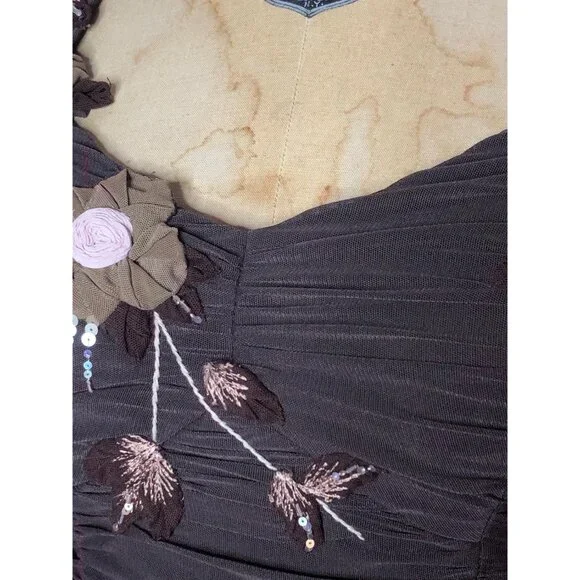 Y2K SUE WONG Chocolate Brown RUCHED Draped Floral Appliqué, Sequins, and Beads,